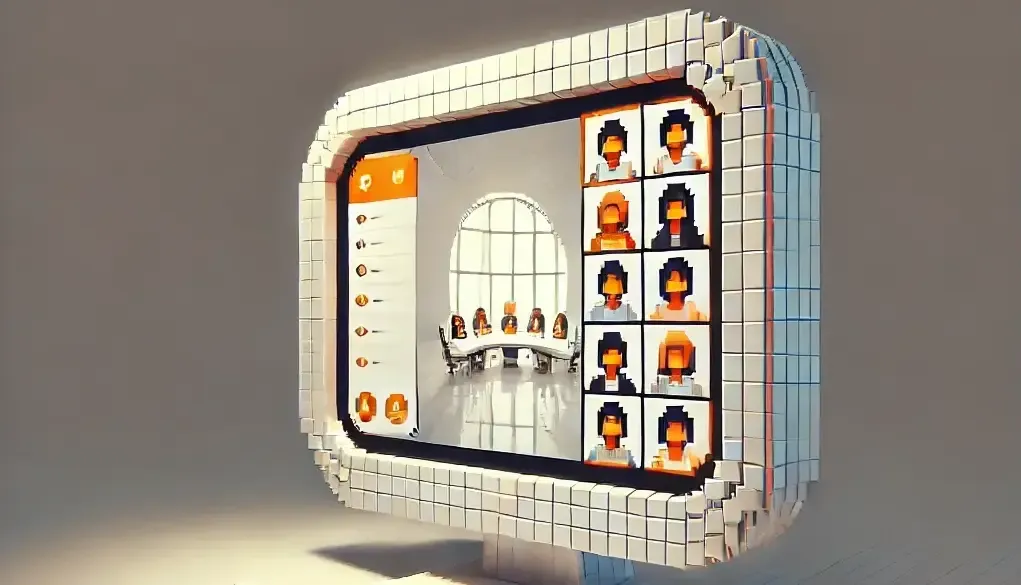 Ein Monitor auf dem eine Videokonferenz zu sehen ist.